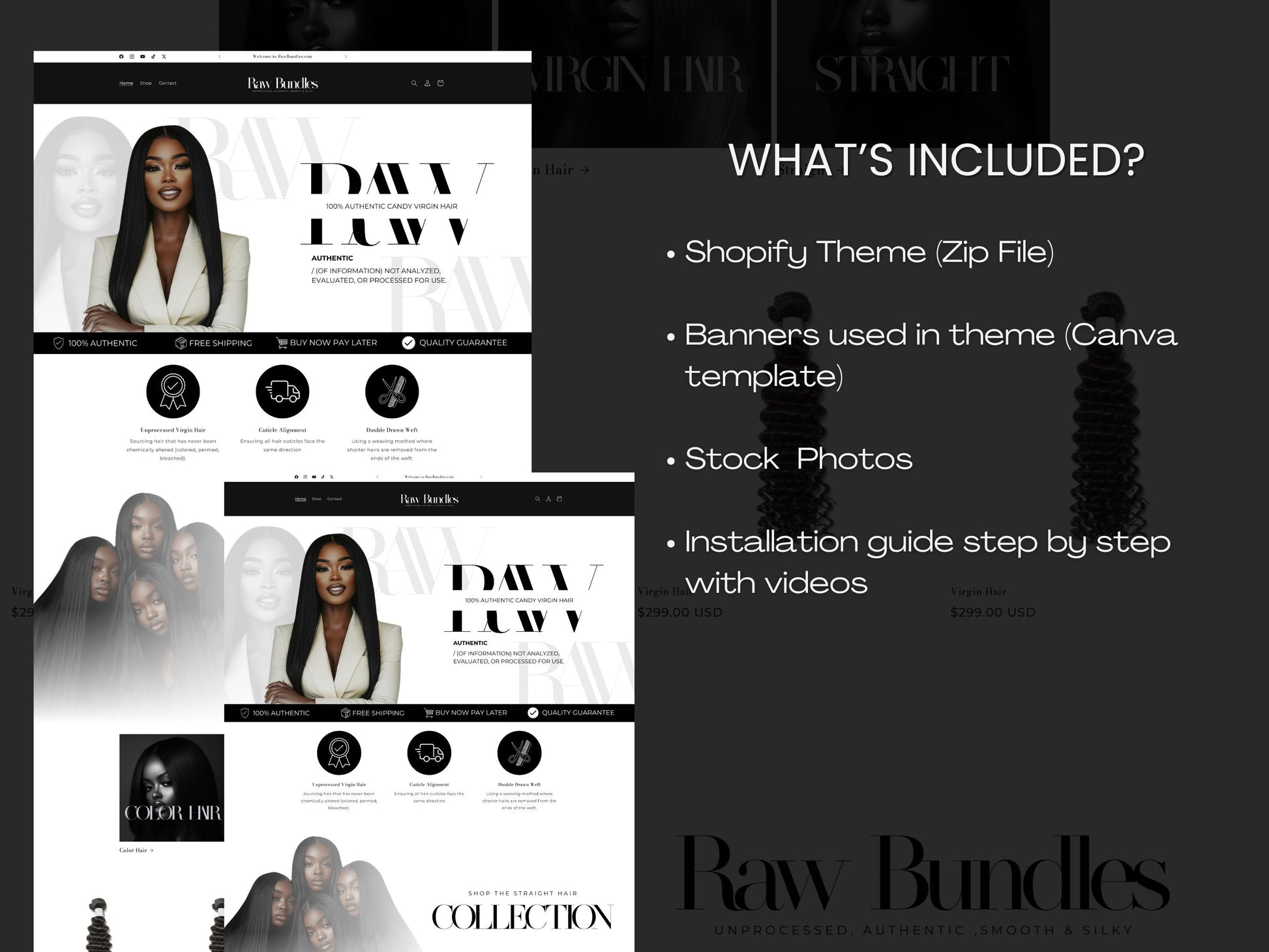 Black Shopify Theme Template, Aesthetic Hair Theme, Website for Extensions Businesses Shopify Website Design,Shopify Banners,Business Owners