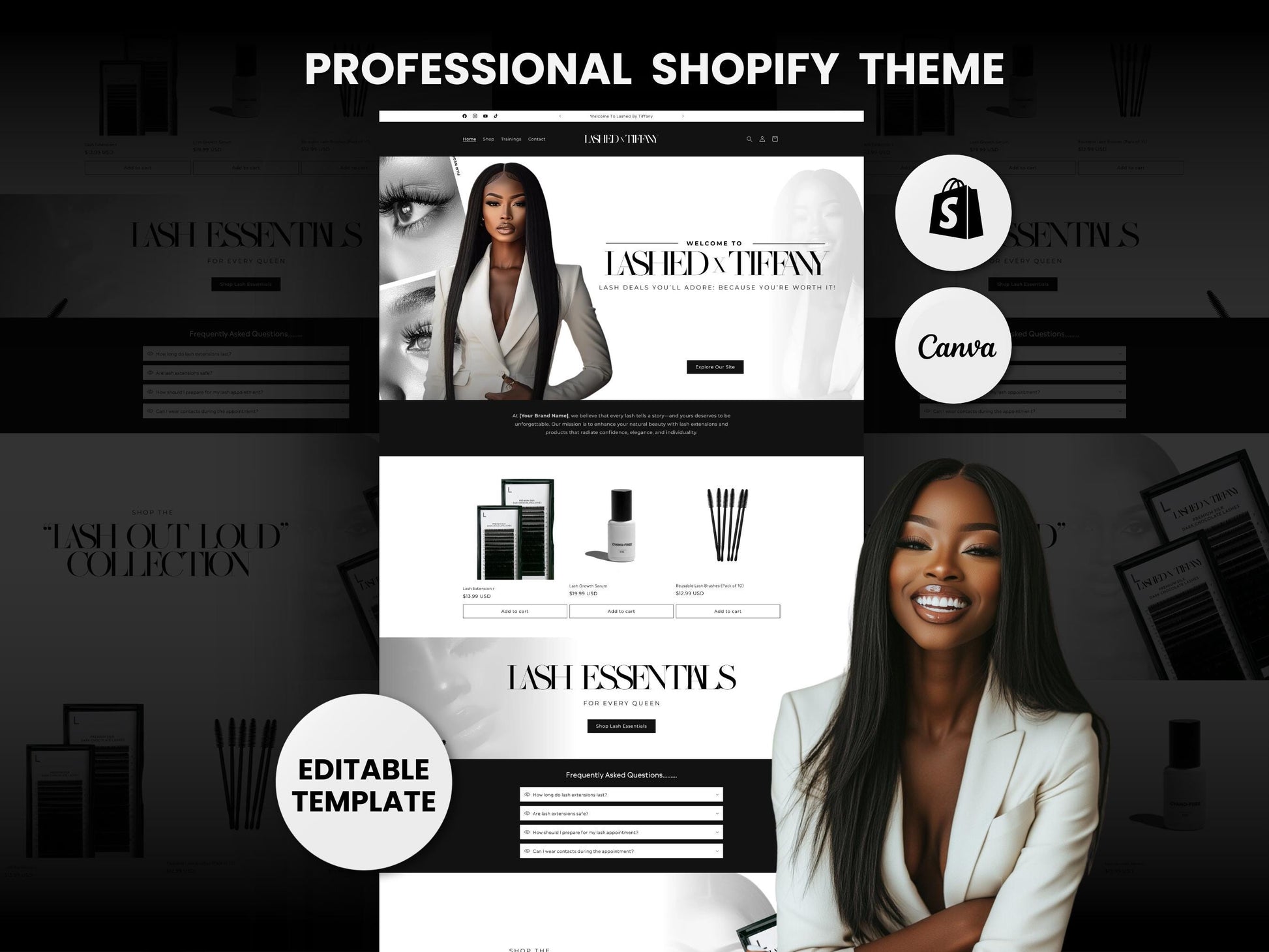 Black Shopify Theme Template, Aesthetic Lash Theme, Website for Lash Businesses Shopify Website Design, Shopify Banners, Business Owners