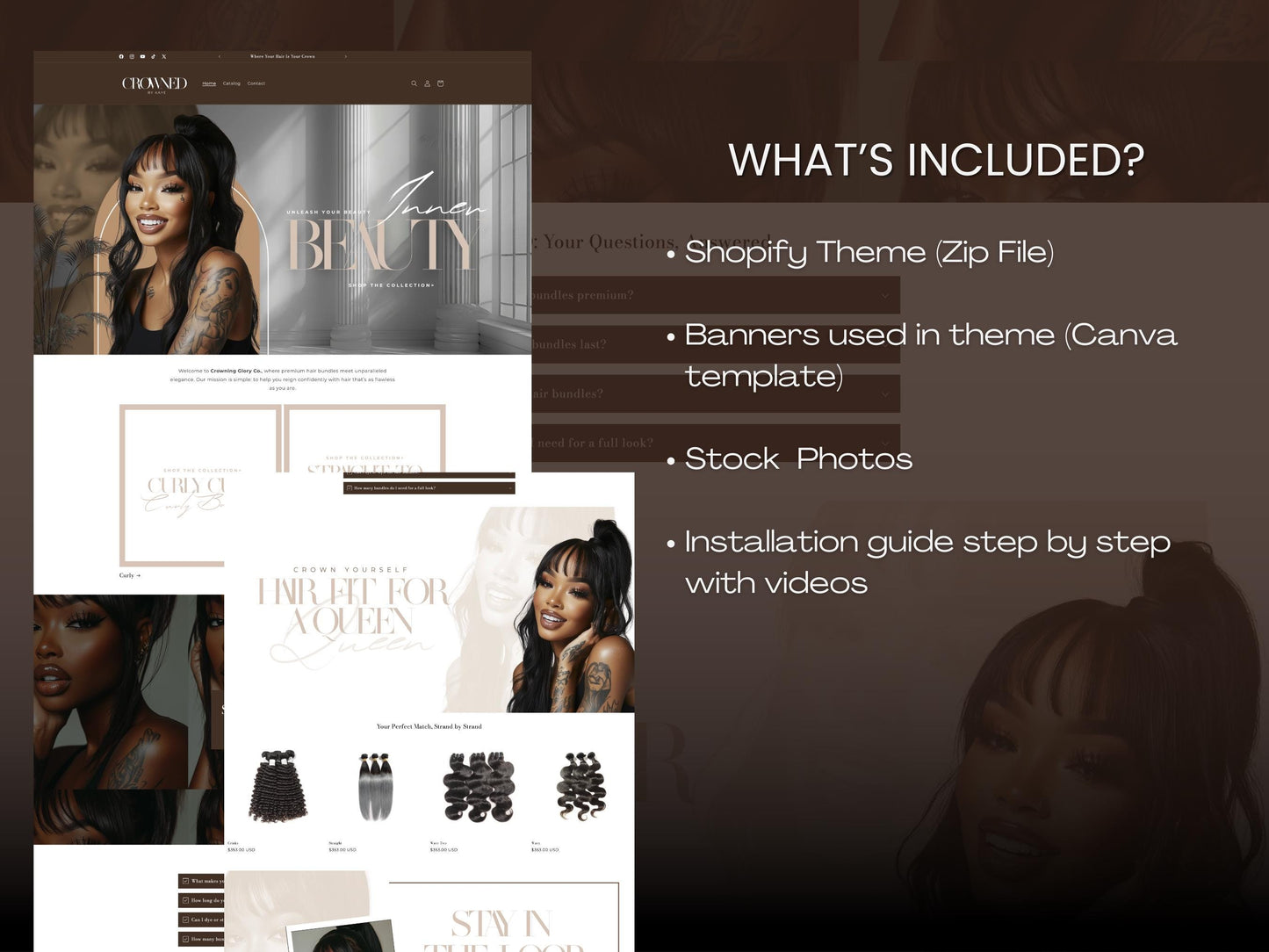 Brown Shopify Theme Template, Tan Hair Theme, Website for Hair Businesses Shopify Website Design, Shopify Banners, Business Owners