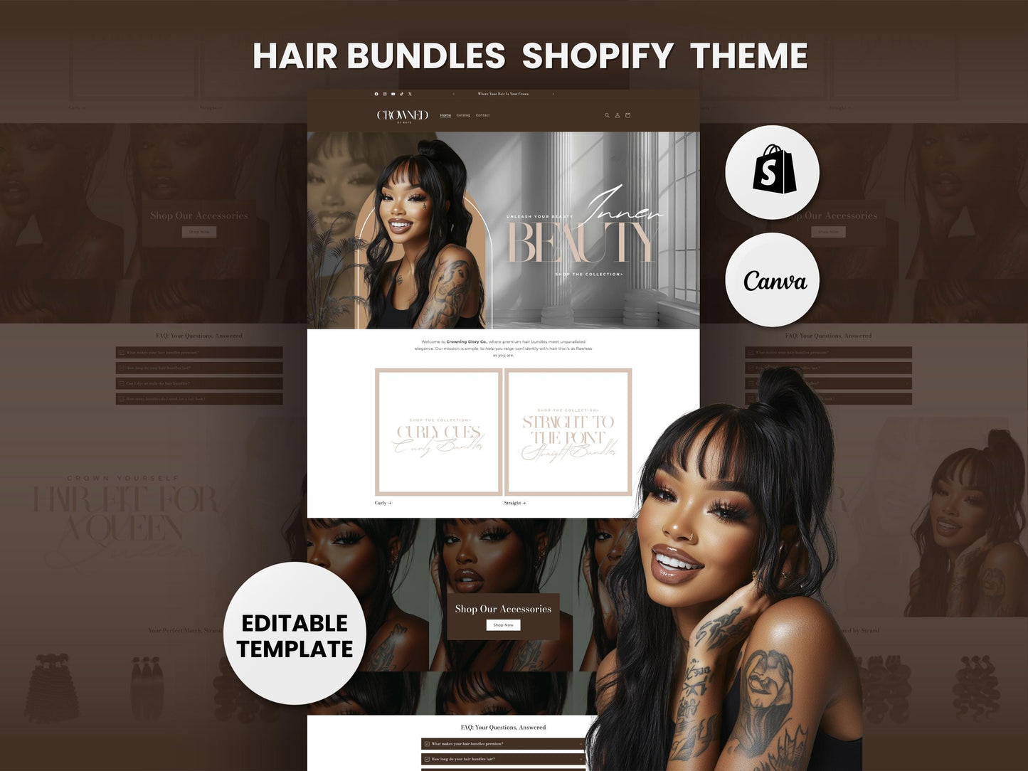 Brown Shopify Theme Template, Tan Hair Theme, Website for Hair Businesses Shopify Website Design, Shopify Banners, Business Owners