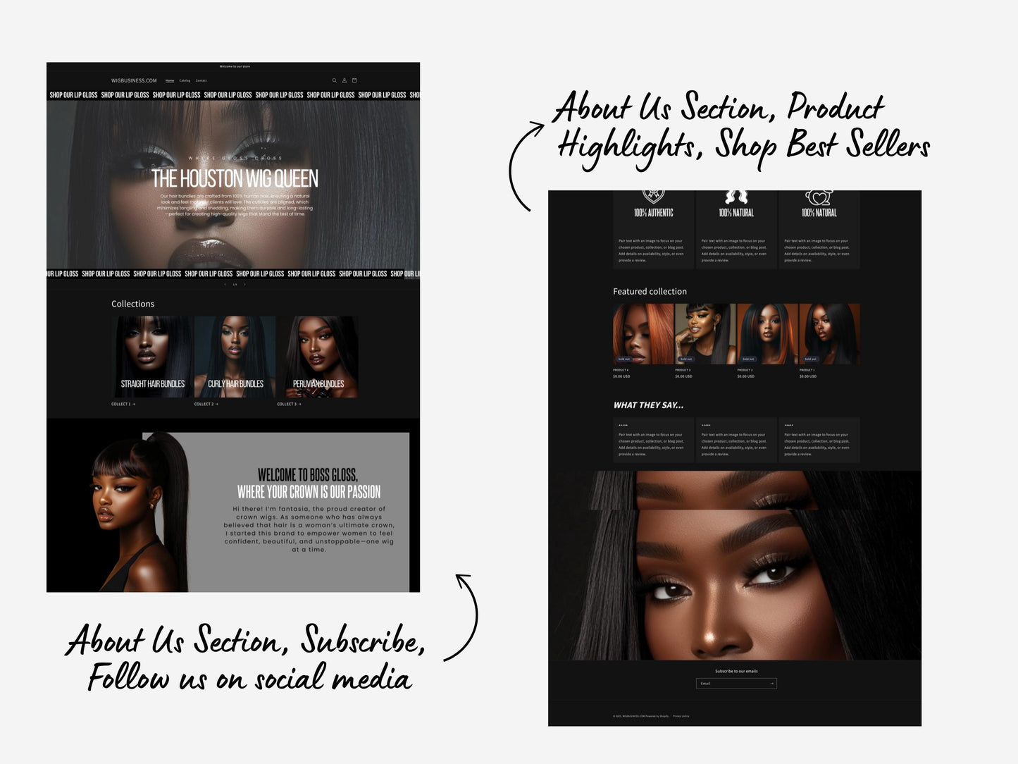 Wig Business Shopify Theme Template, Black Wig Theme, Website for Hairstylists Shopify Website Design, Shopify Banners