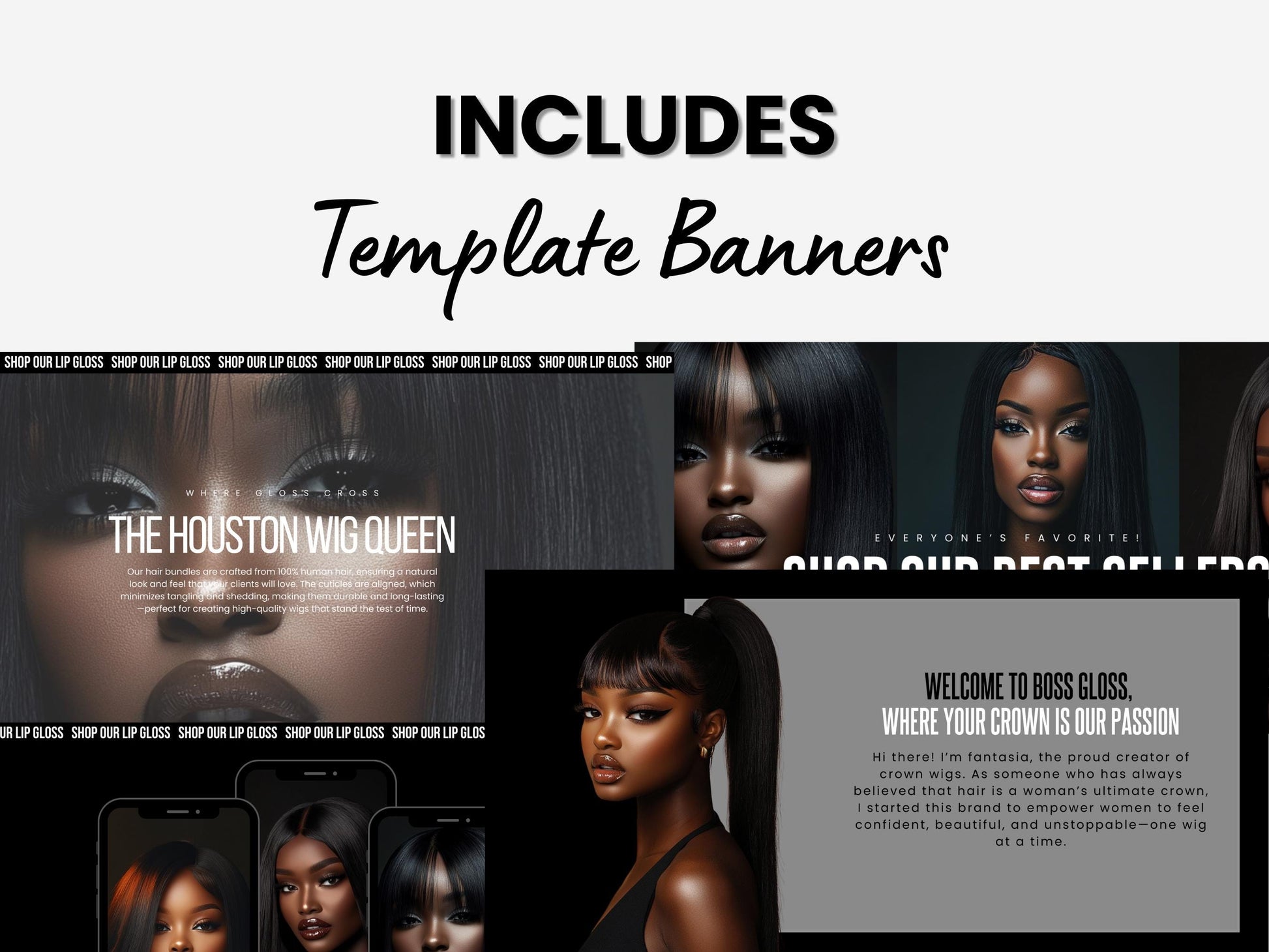 Wig Business Shopify Theme Template, Black Wig Theme, Website for Hairstylists Shopify Website Design, Shopify Banners