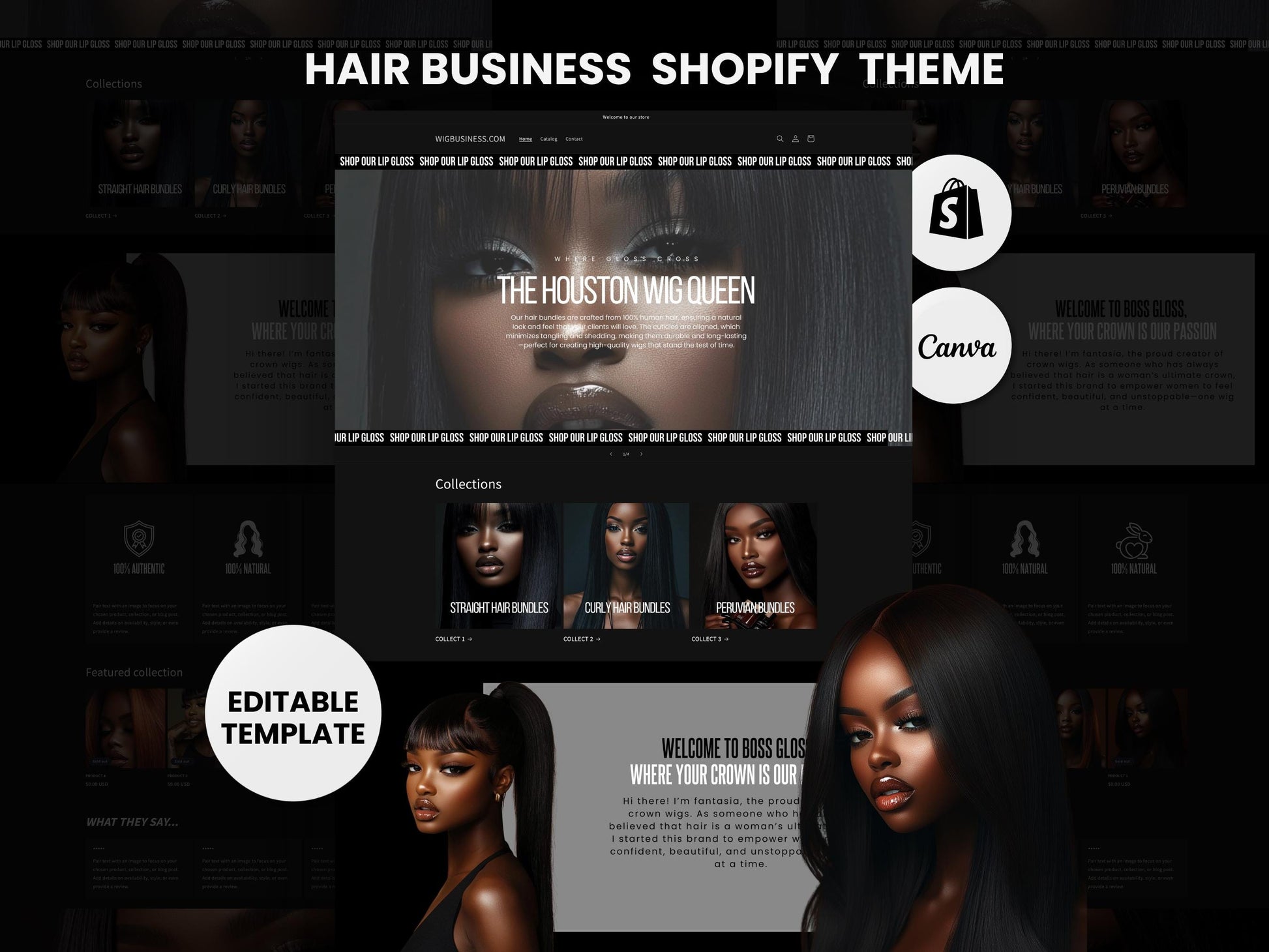 Wig Business Shopify Theme Template, Black Wig Theme, Website for Hairstylists Shopify Website Design, Shopify Banners