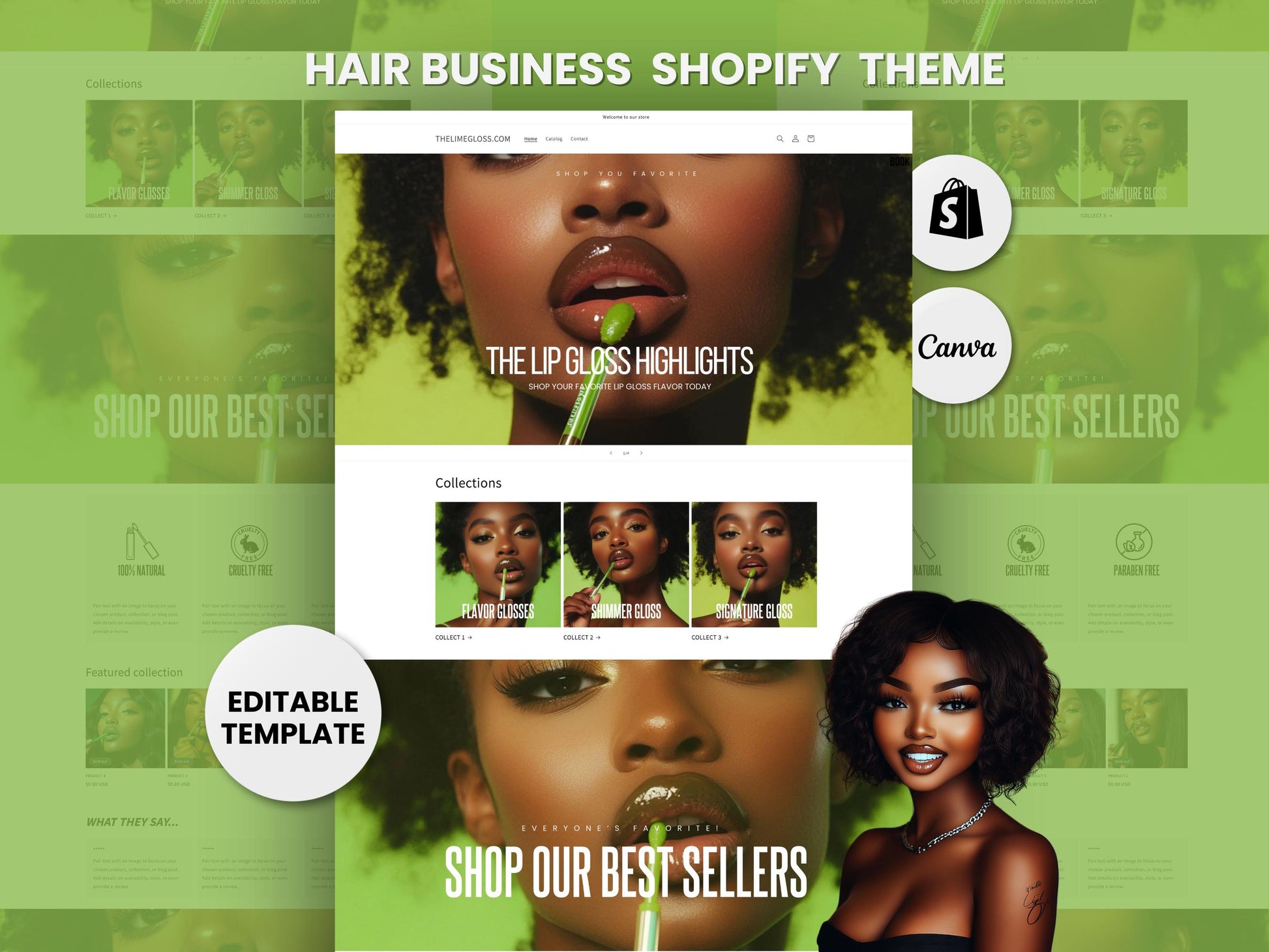 Lime Green Shopify Lip Gloss Theme Template, Green Shopify Theme, Website for Lip Gloss Businesses Shopify Website Design, Shopify Banners