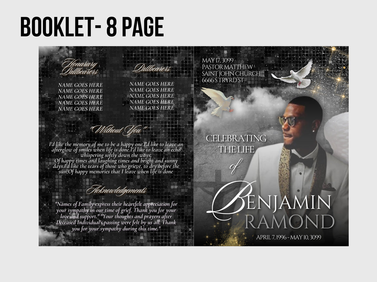 8.5"x11" BOOKLET Memorial program (8 pages) | Elegant Style Funeral Program |Celebration of Life |Keepsake |Digital Download |Canva Template