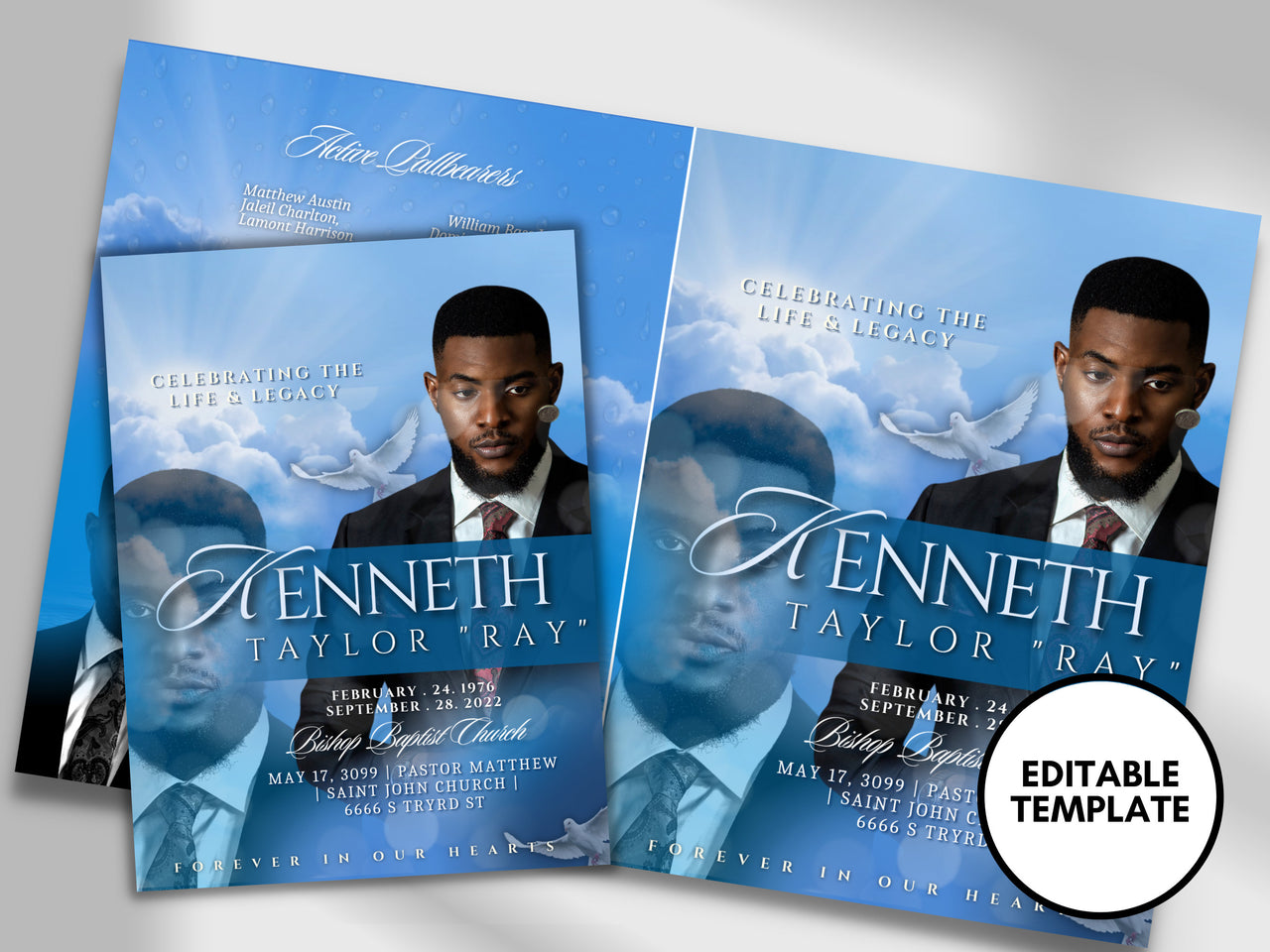 8.5"x11" BOOKLET Memorial program (8 pages) | Blue Cloud Funeral Program |Celebration of Life |Keepsake |Digital Download |Canva Template