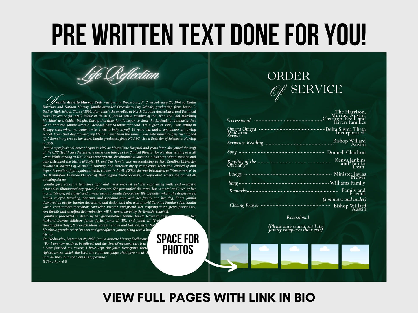 8.5"x11" BOOKLET Memorial program (4 pages)| Green Funeral Program |Celebration of Life |Keepsake |Digital Download |Canva Template