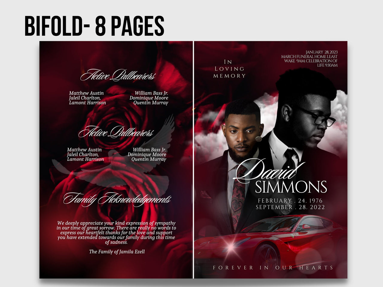 5.5"x8.5" BOOKLET Memorial program (8 pages)| LUXURY Red Funeral Program |Celebration of Life |Keepsake |Digital Download |Canva Template