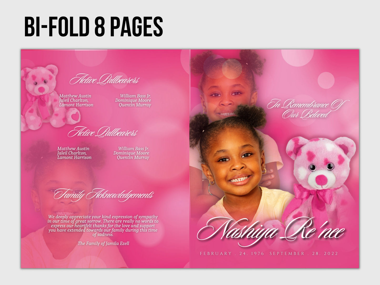 8.5"x11" FUNERAL BOOKLET (8 pages)| Pink Funeral Program |Celebration of Life |Keepsake |Digital Download |Canva Template | kid girl