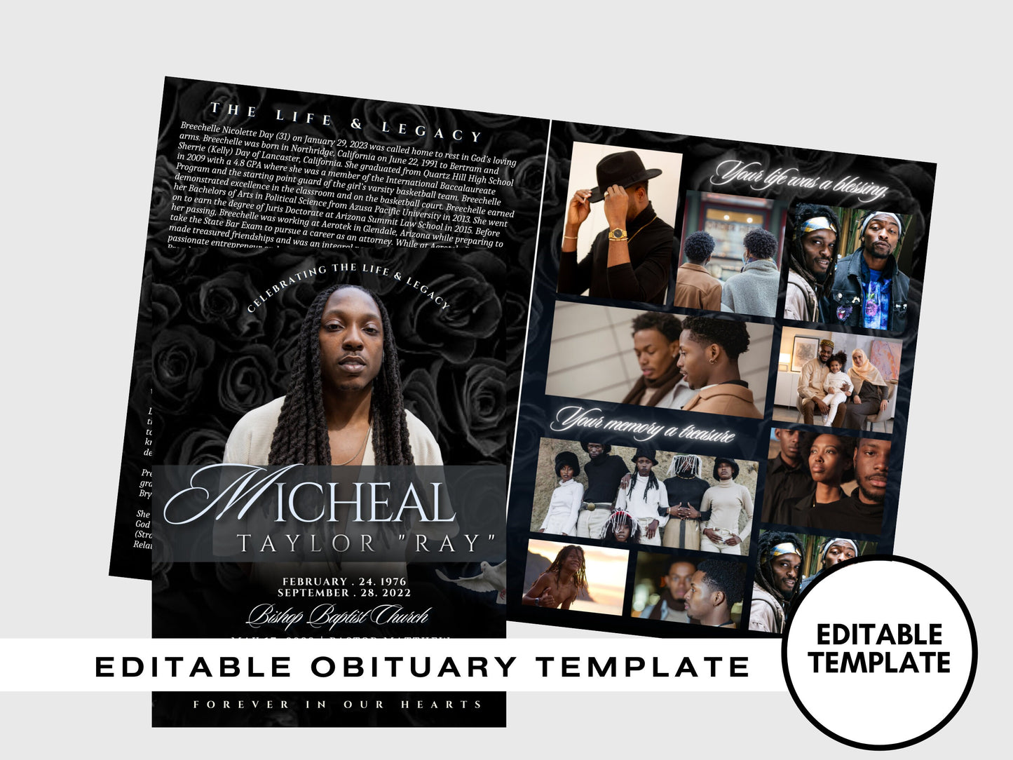 8.5"x11" BOOKLET Memorial program (8 pages)| BLACK Style Funeral Program |Celebration of Life |Keepsake |Digital Download |Canva Templat