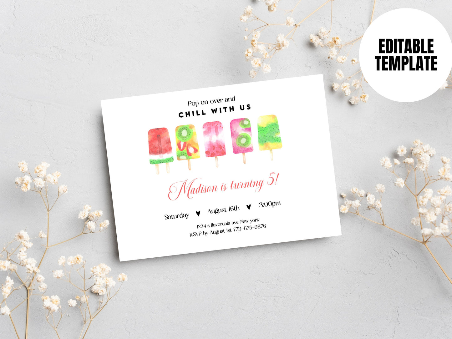 5"x7" Editable Popsicle Birthday Invitation Popsicle Birthday Invite Pop On Over Chill With Us Girl Popsicle Party Ice Cream Digital