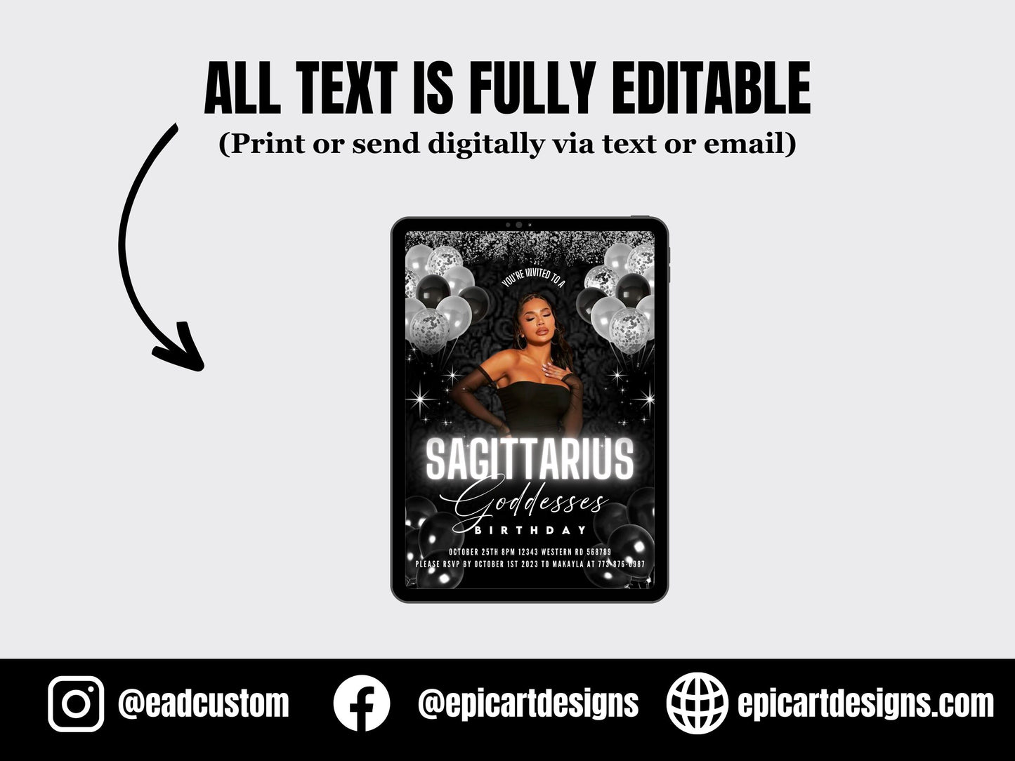 Sagittarius Season Black | Zodiac Horoscope Birthday Party Invitation | Canva Template | Fully Editable Printable or Digital Invite |