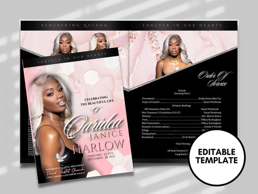 8.5"x 11"  PINK And BLACK Dramatic Obituary Template (4 pages)  In loving memory Pink Style Funeral Program | Celebration of Life | Canva