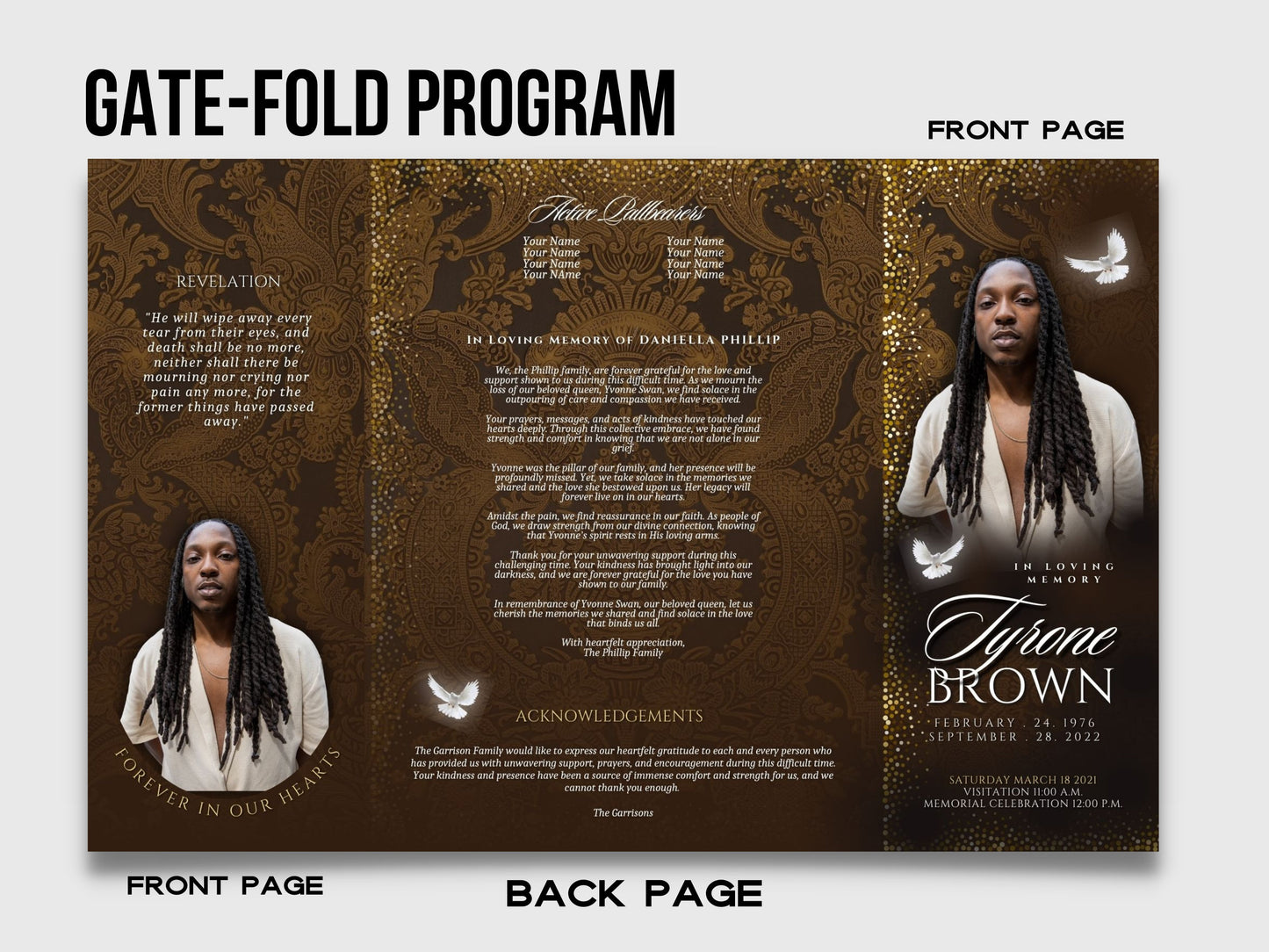 BROWN GATEFOLD For Men Memorial program| Gold And Bronze Funeral Program |Celebration of Life |Keepsake |Digital Download |Canva Template