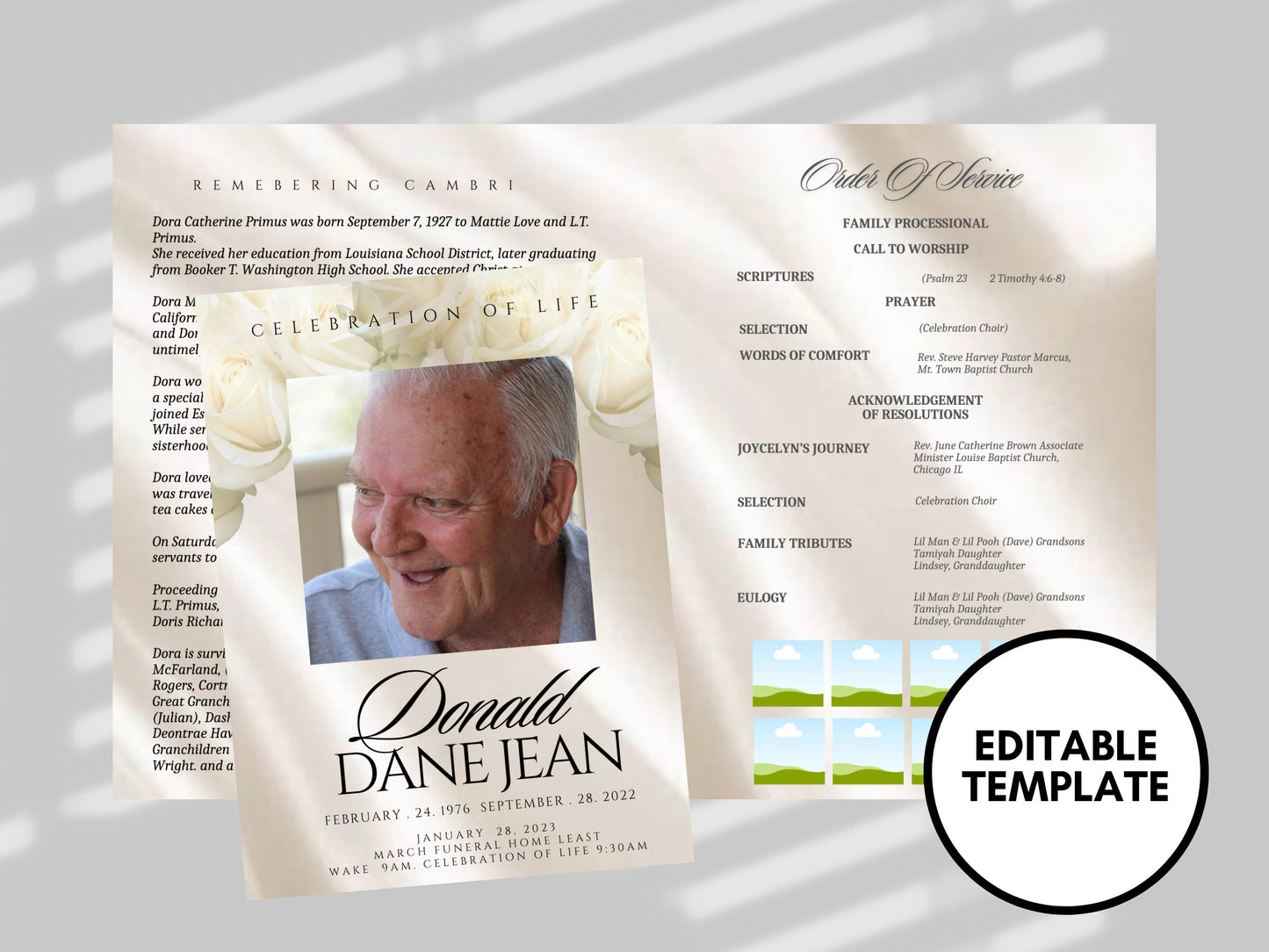 8.5"x11" BOOKLET Memorial program(4 pages)|Simple Cream Style Funeral Program|Celebration of Life |Keepsake|Digital Download |Canva Template